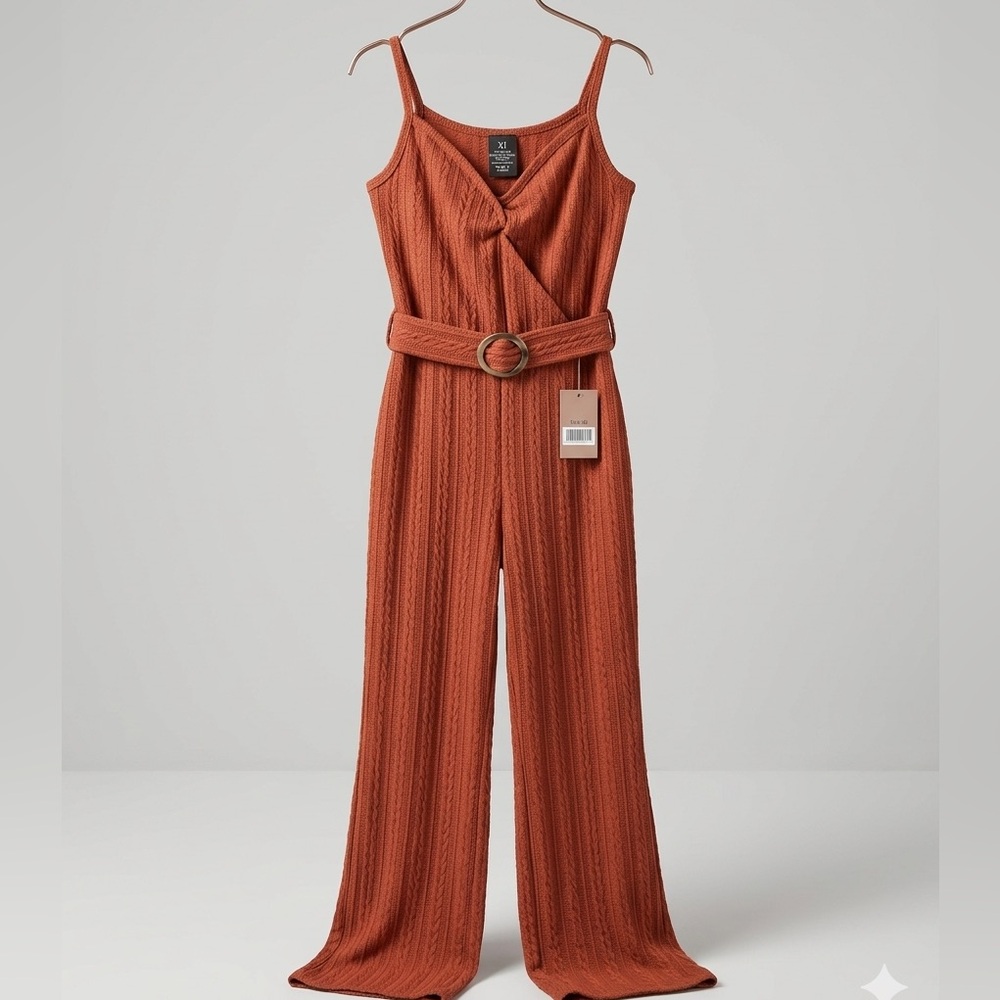 Sleeveless Rust Textured Wide-Leg Jumpsuit with Belt